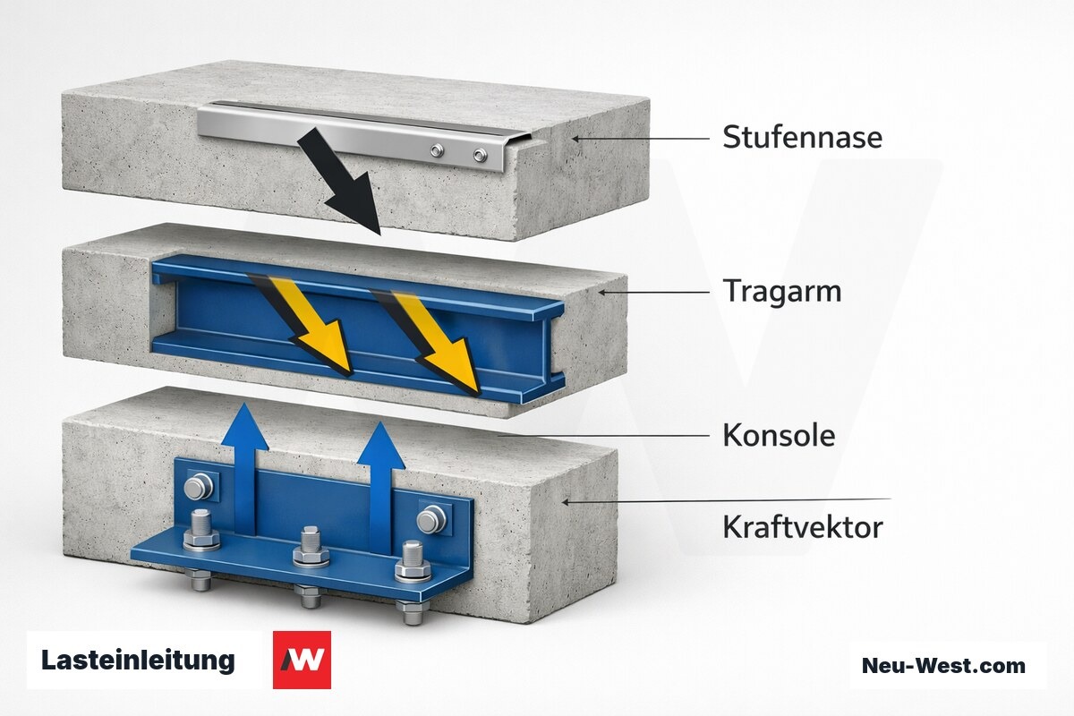 Lasteinleitung: Stufennase-Befestigung vs. Wandkonsole – Erklär-Grafik (NEUWEST Berlin)