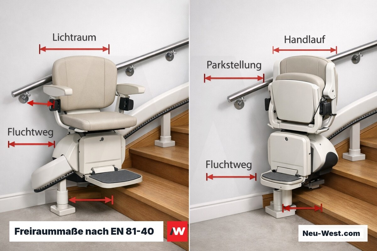 Freiraummaße nach EN 81-40: Fahrbetrieb und Parkstellung – Erklär-Grafik (NEUWEST Berlin)