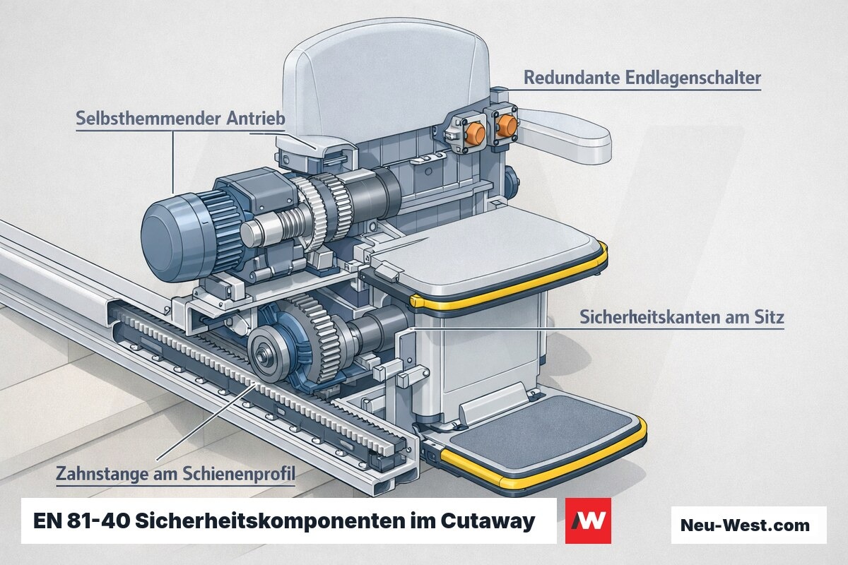 Cutaway eines Treppenlifts mit selbsthemmendem Antrieb, beidseitigen Sicherheitskanten und redundanten Endlagenschaltern nach EN 81-40.
