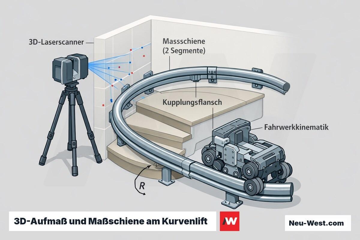 Erklär-Grafik: 3D-Laserscanner vermisst enge Treppenkurve, zweigeteilte Maßschiene mit Kupplung und angepasstes Fahrwerk am Kurvenlift.