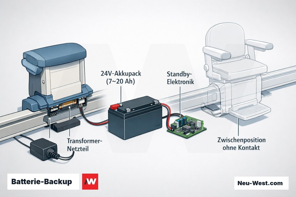 Cutaway-Diagramm eines Treppenlift-Akkusystems: Ladekontakt in Parkposition, 24V-Akkupack, Standby-Elektronik und kontaktlose Zwischenposition.