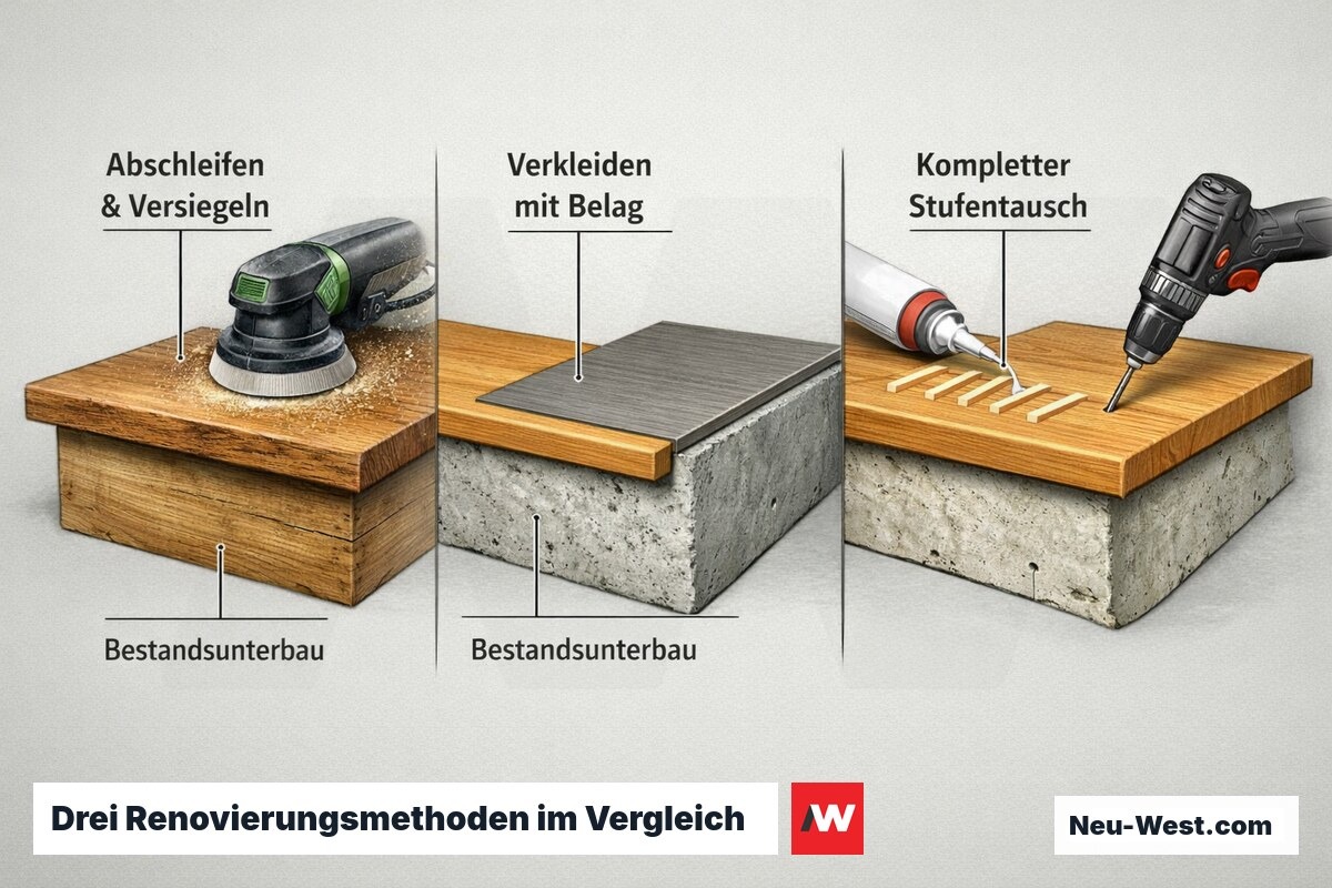 Querschnitt einer Altbautreppe zeigt nebeneinander die drei Sanierungsmethoden: Aufarbeiten, Verkleiden und Neubau einer Holzstufe.