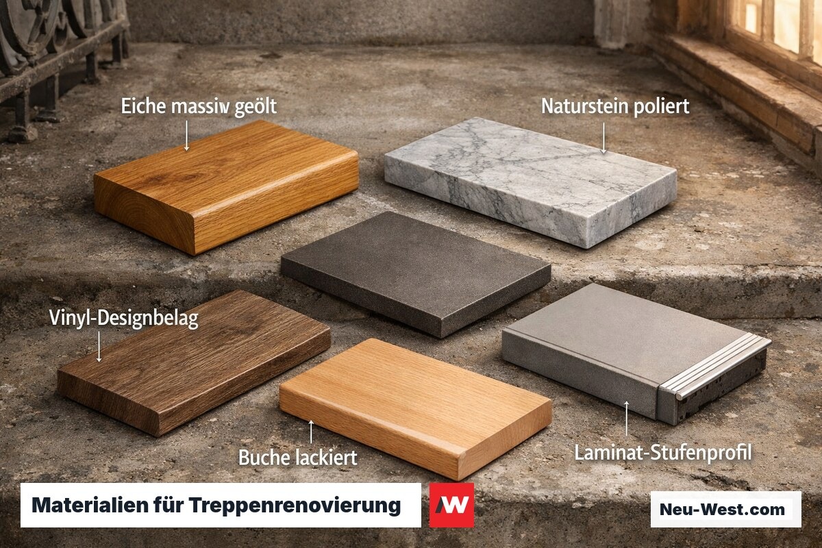 Sechs Stufenmaterialien nebeneinander auf Altbau-Treppenabsatz: Eiche, Buche, Naturstein, Fliese, Vinyl und Laminat mit sichtbaren Kantenprofilen.