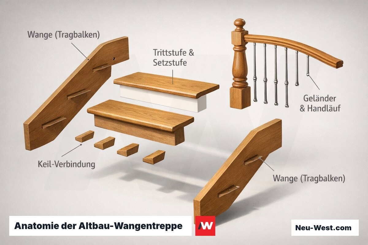 Explodierte Darstellung einer Gründerzeit-Wangentreppe mit beschrifteten Bauteilen: Wangen, Stufen, Keile und Geländerkonstruktion.