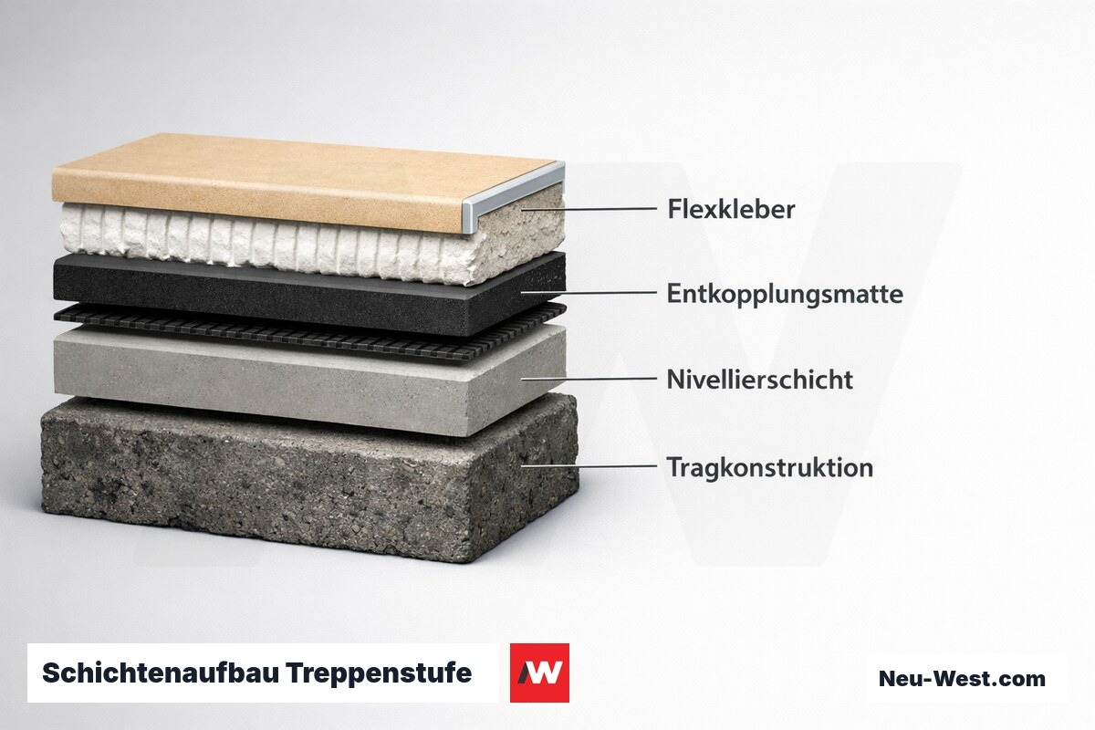 Schichtenaufbau Treppenstufe — Querschnitt mit 6 Lagen – Erklär-Grafik (NEUWEST Berlin)