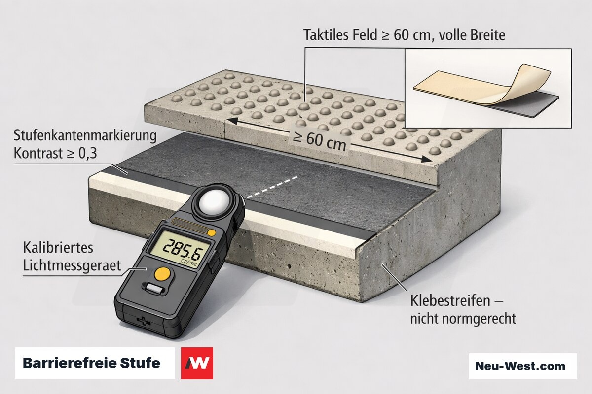 Querschnitt einer barrierefreien Treppenstufe mit kontrastierender Kantenmarkierung, Lichtmessgerät und taktilem Aufmerksamkeitsfeld nach DIN 18040.