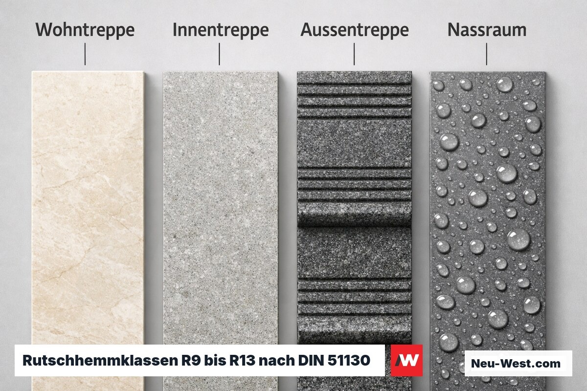 Rutschhemmklassen R9 bis R13 nach DIN 51130 — Mindestanforderung je Einsatzbereich – Erklär-Grafik (NEUWEST Berlin)