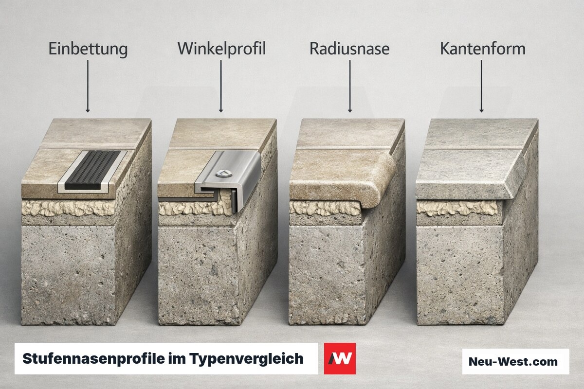 Stufennasenprofile im Typenvergleich — Einbau, Haftung und Normbezug – Erklär-Grafik (NEUWEST Berlin)