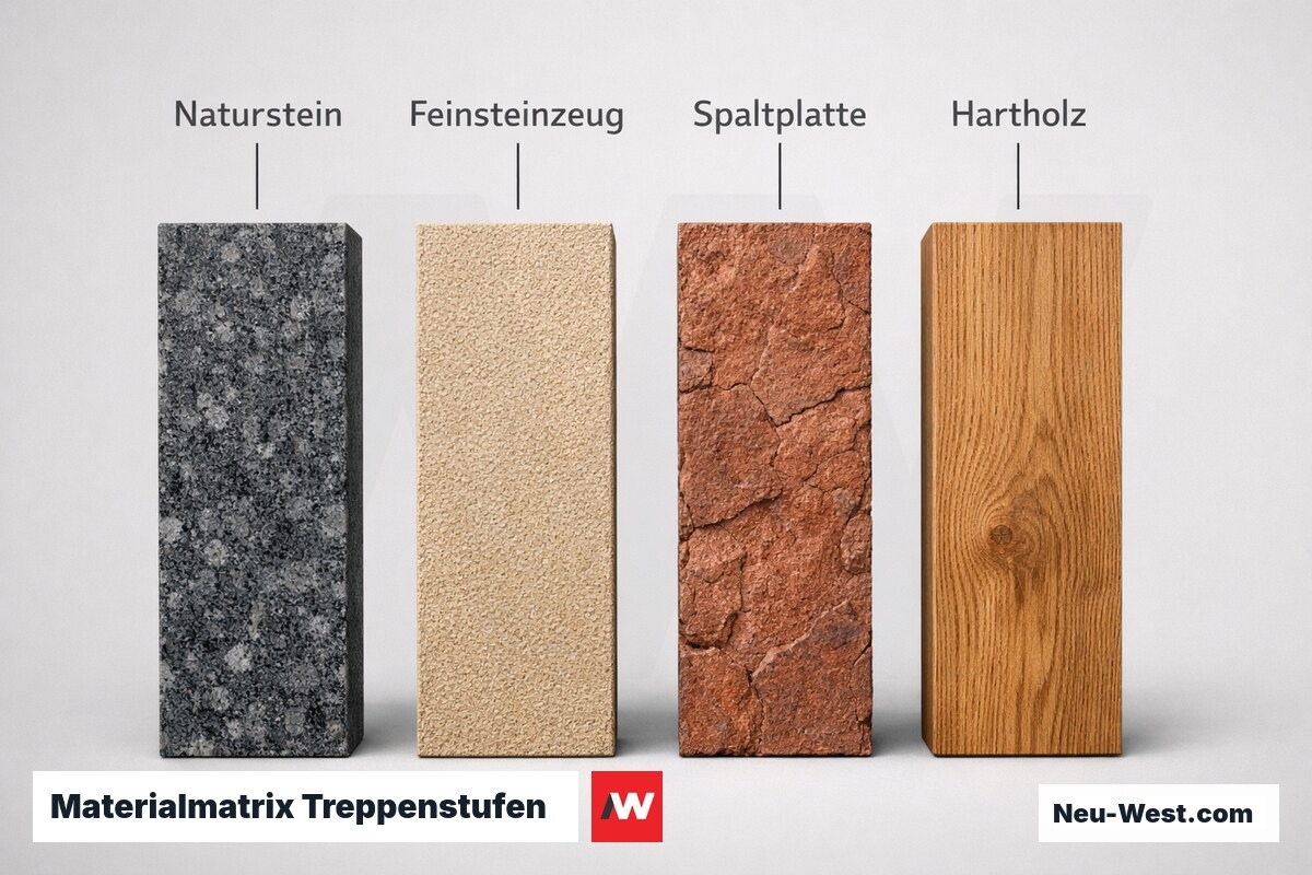 Materialmatrix Treppenstufen — Eignung für Innen- und Außeneinsatz im Vergleich – Erklär-Grafik (NEUWEST Berlin)
