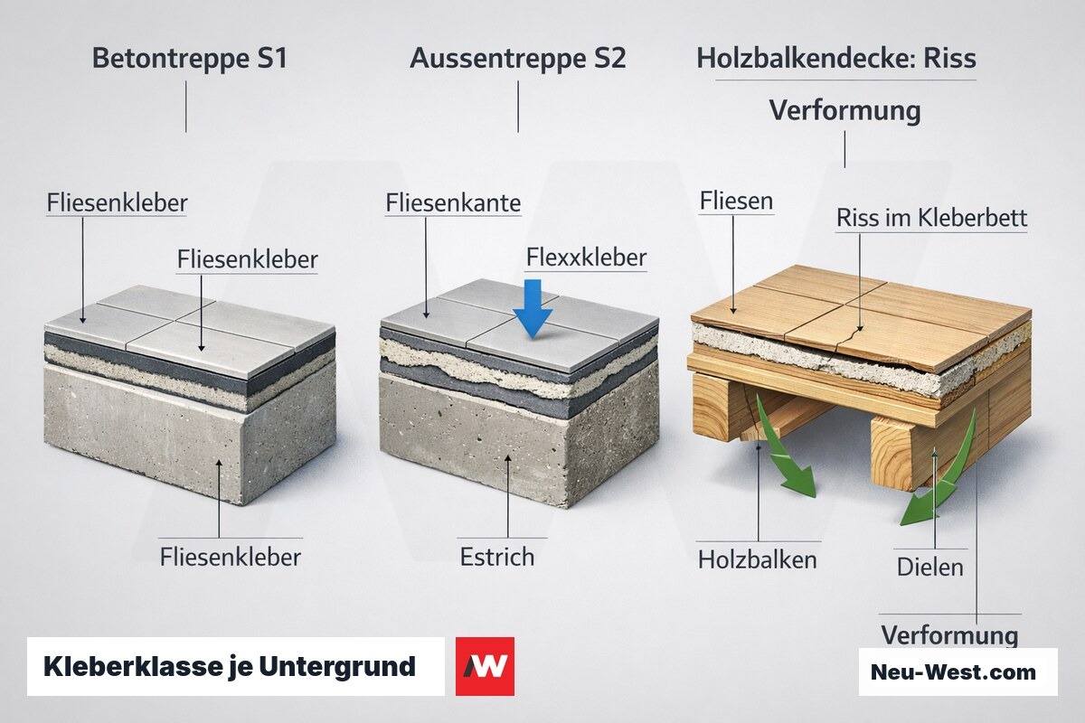 Vergleich dreier Treppen-Untergruende: Beton mit S1, Aussentreppe mit S2, Holzbalkendecke mit Riss bei zu geringer Verformungsklasse.