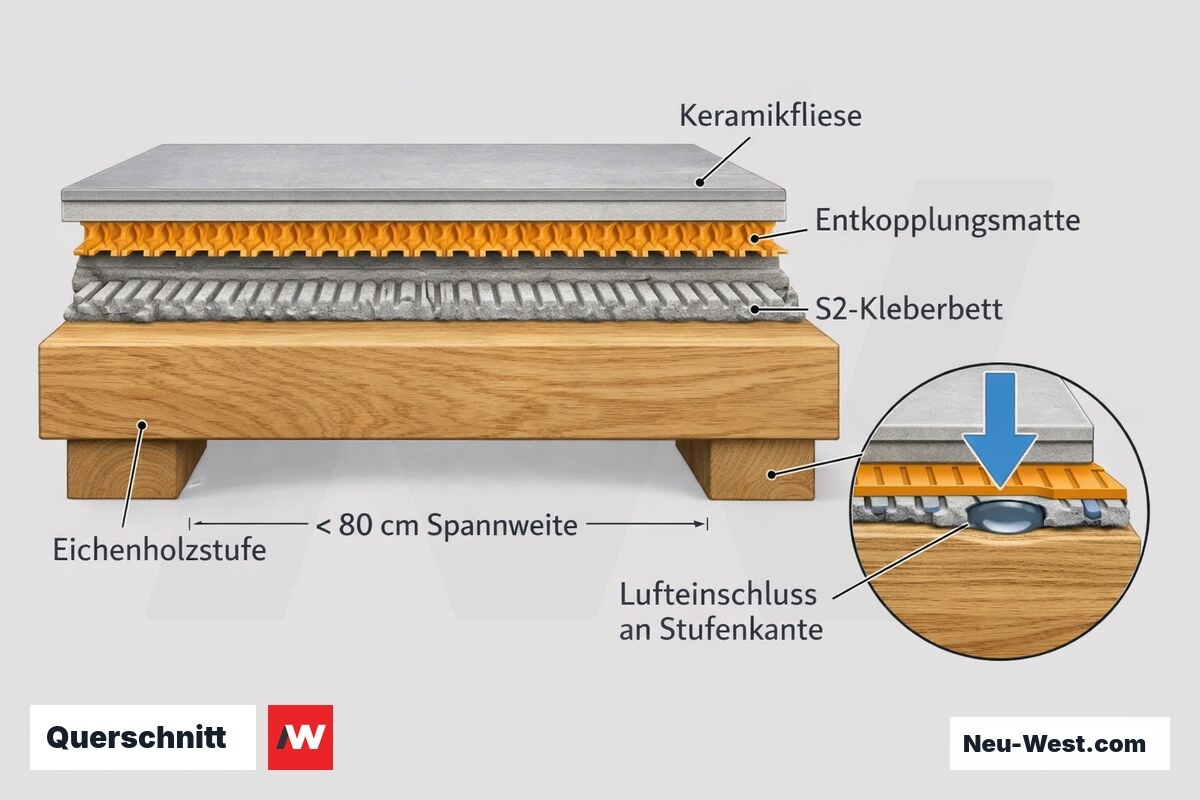 Querschnitt einer Eichenholztreppenstufe mit S2-Kleberbett, vollflaechig eingebetteter Entkopplungsmatte, Fliese und kritischem Lufteinschluss an der Stufenkante.