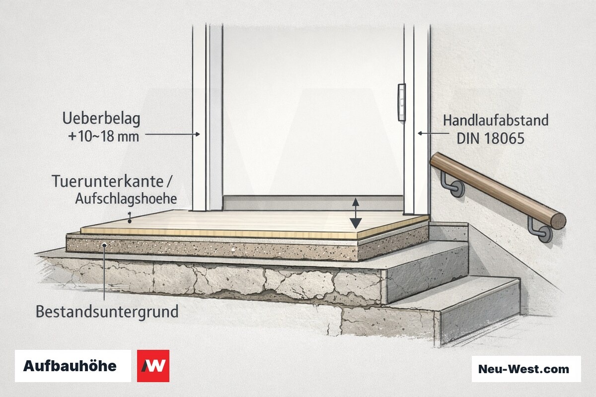 Querschnitt Treppenabsatz im Altbau: Überbelag erhöht Aufbau, reduziert Türaufschlagshöhe und lichten Handlaufabstand nach DIN 18065.