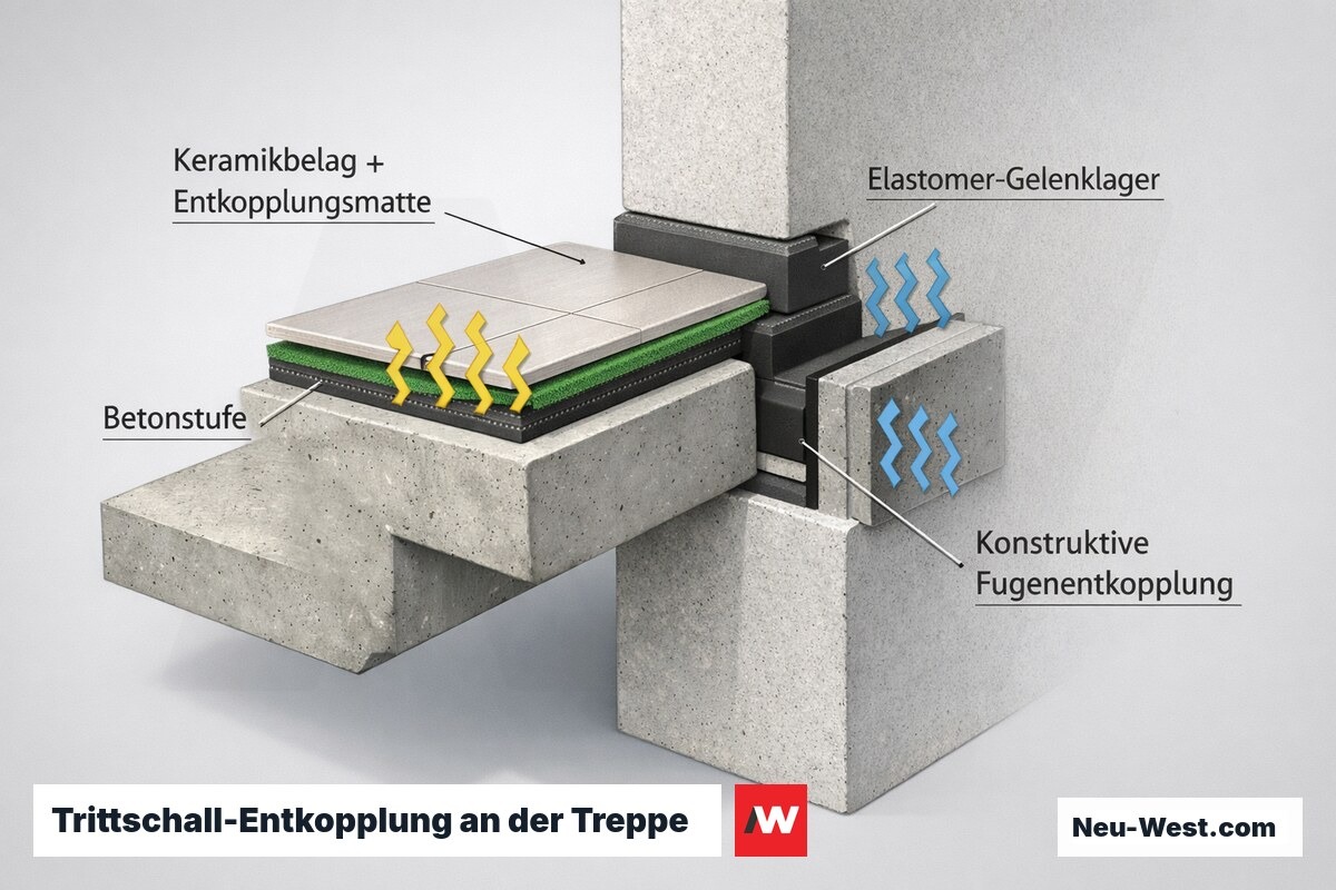 Querschnitt einer Betontreppe: Entkopplungsmatte unter Keramikbelag gegenüber konstruktiver Treppengelenk-Entkopplung mit Elastomerlager zur Wand.