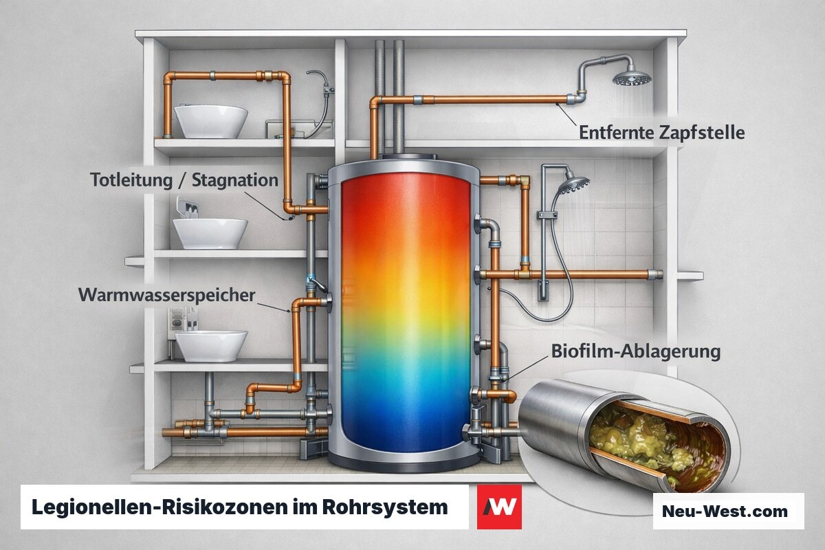 Technischer Querschnitt eines Warmwassersystems im Mehrfamilienhaus mit markierten Risikozone für Legionellenwachstum