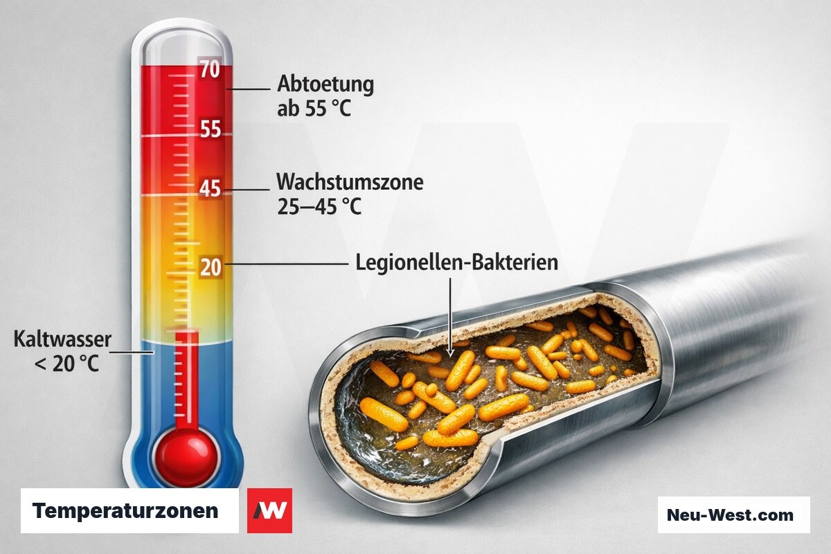 Infografik zur Temperaturabhängigkeit des Legionellenwachstums mit Gefahren- und Sicherheitszonen im Überblick