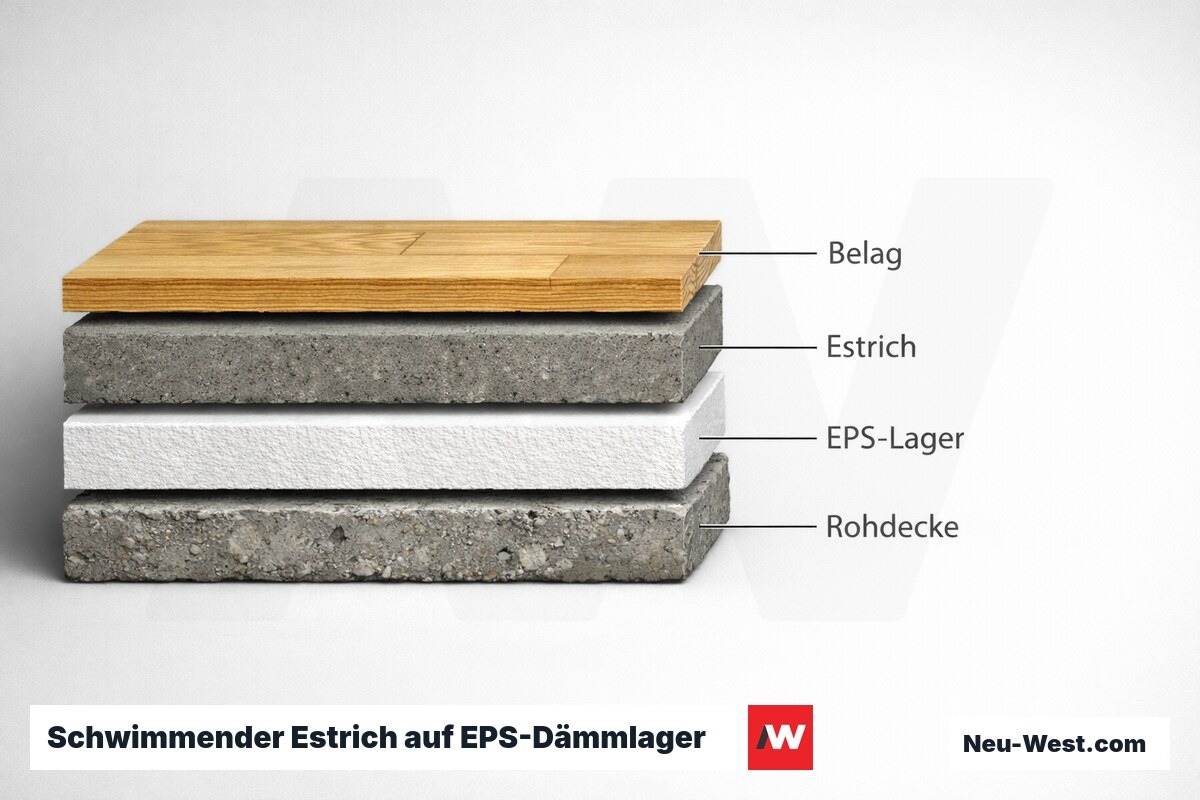 Schwimmender Estrich auf EPS-Dämmlager — Schichtfolge und Mindestdicken – Erklär-Grafik (NEUWEST Berlin)