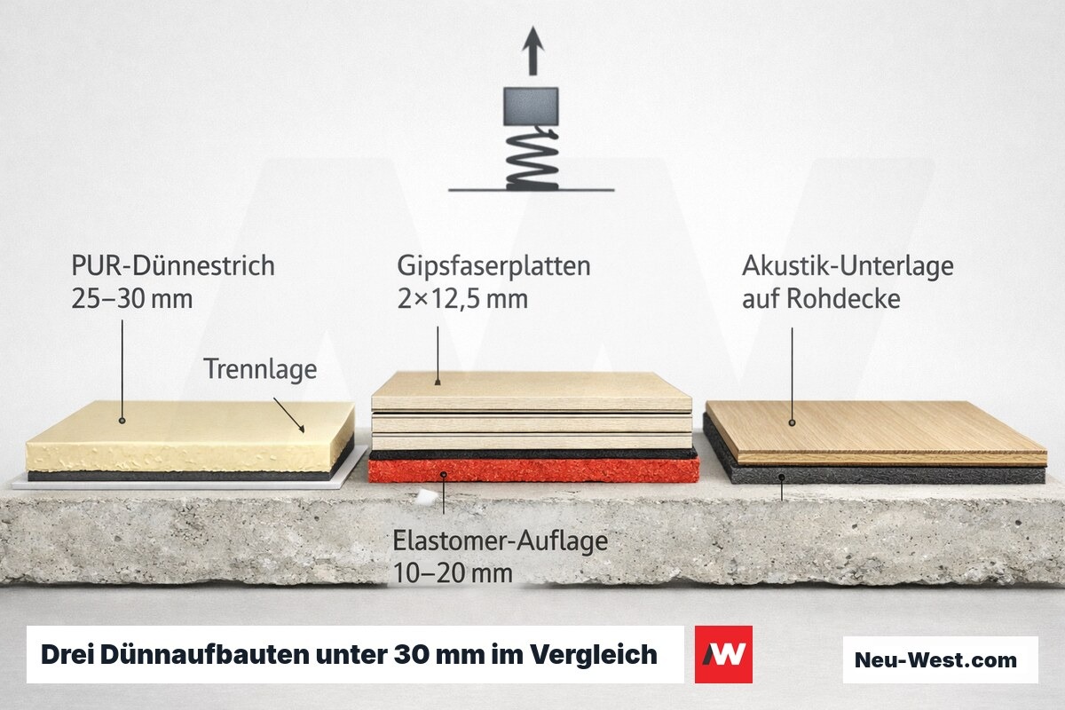 Querschnitt-Vergleich dreier Trittschall-Dünnaufbauten unter 30 mm: PUR-Dünnestrich, Gipsfaserplatten auf Elastomer und Akustik-Unterlage auf Rohdecke.