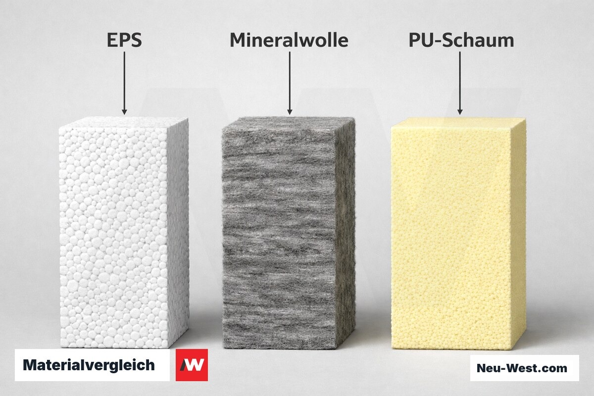 Materialvergleich: EPS, Mineralwolle und PU-Schaum nach dynamischer Steifigkeit und ΔL_w – Erklär-Grafik (NEUWEST Berlin)