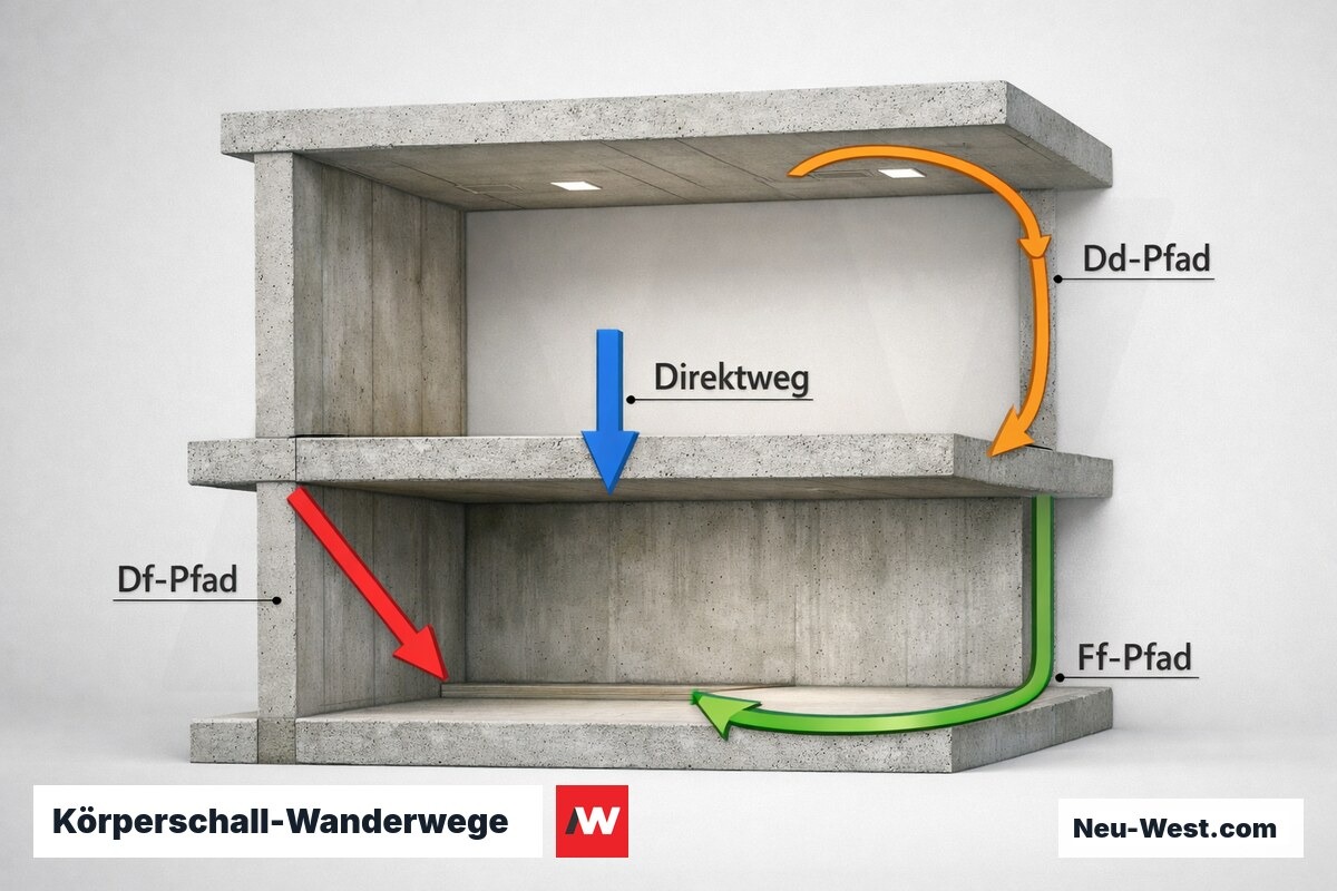 Körperschall-Wanderwege: Direkt- und Flankenpfade im Geschossdecken-Schnitt – Erklär-Grafik (NEUWEST Berlin)