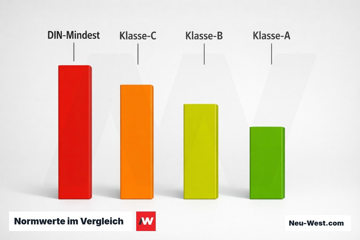 Normwerte im Vergleich: DIN 4109-1 Mindestanforderung vs. DEGA-Güteklassen A, B, C – Erklär-Grafik (NEUWEST Berlin)
