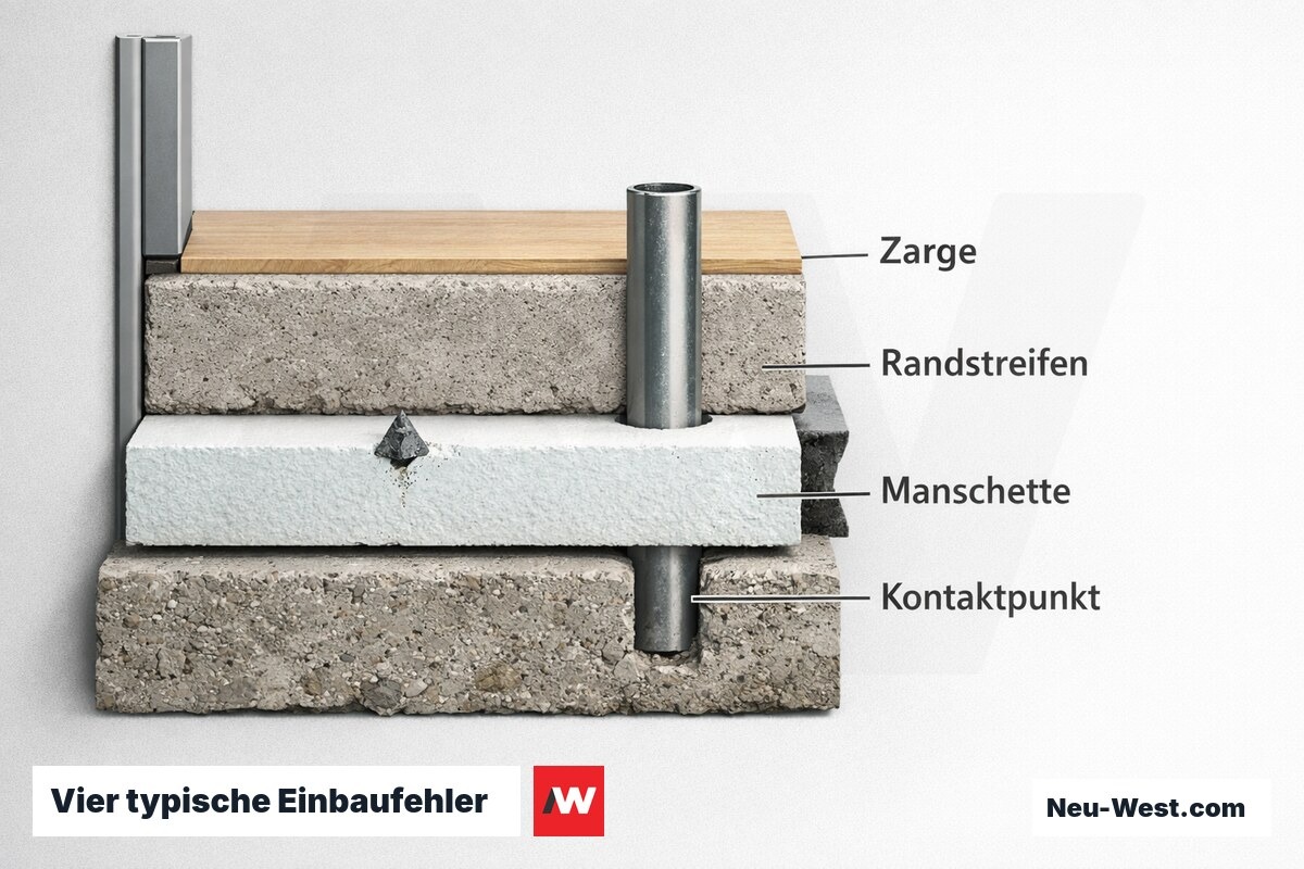 Vier typische Einbaufehler im Trittschall-Bodenaufbau — Schematische Darstellung – Erklär-Grafik (NEUWEST Berlin)