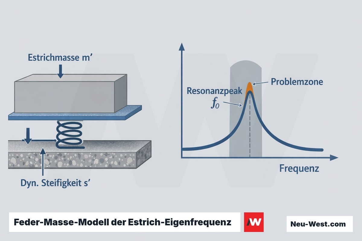 Erklär-Grafik: Estrich als Masse auf EPS-Dämmfeder mit Resonanzkurve, die den Eigenfrequenz-Peak f₀ und die problematische Frequenzzone zeigt.