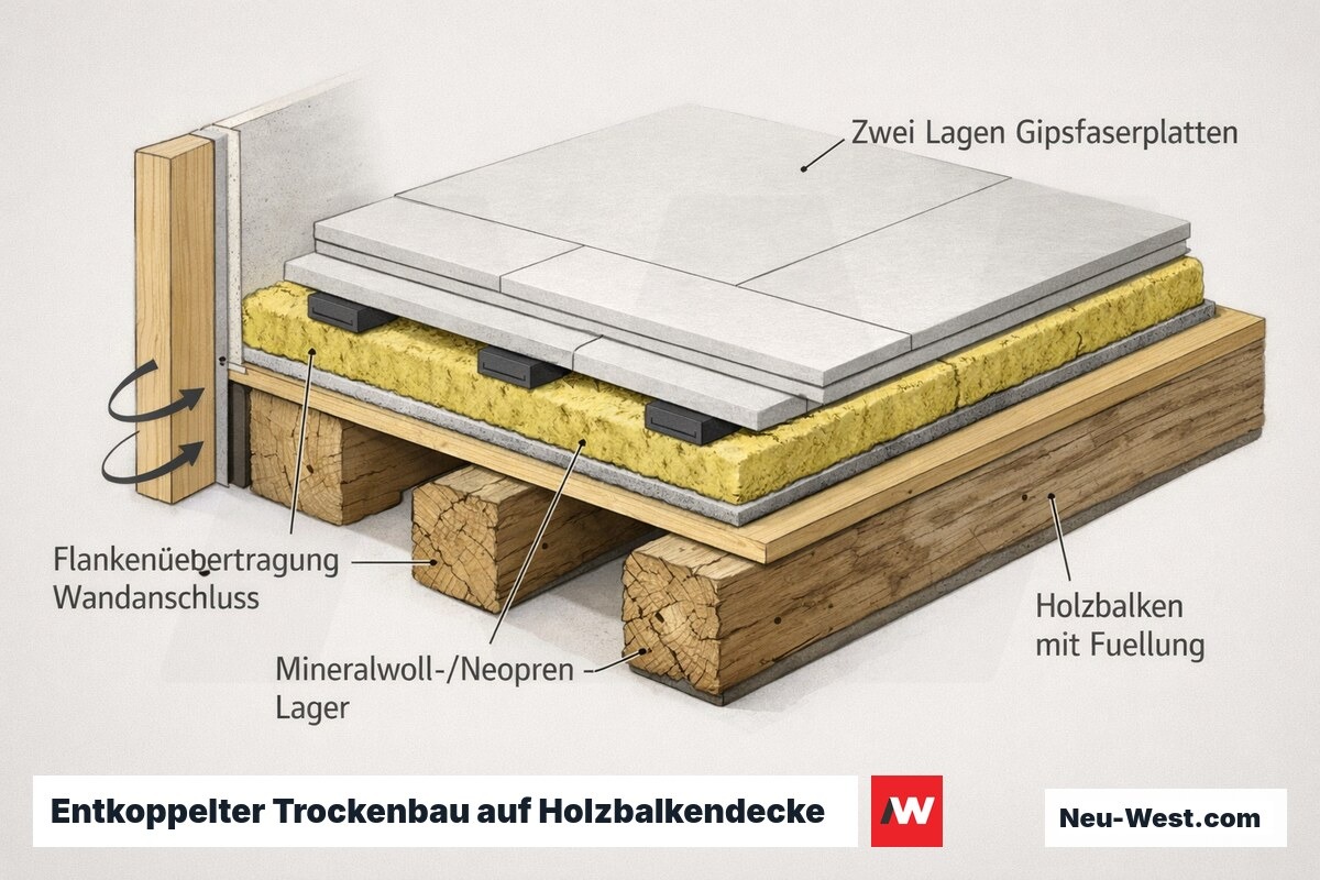 Querschnitt einer Holzbalkendecke im Altbau mit entkoppeltem Trockenbau-Boden aus Gipsfaserplatten auf Neopren-Lagern und markierter Flankenübertragung am Wandanschluss.