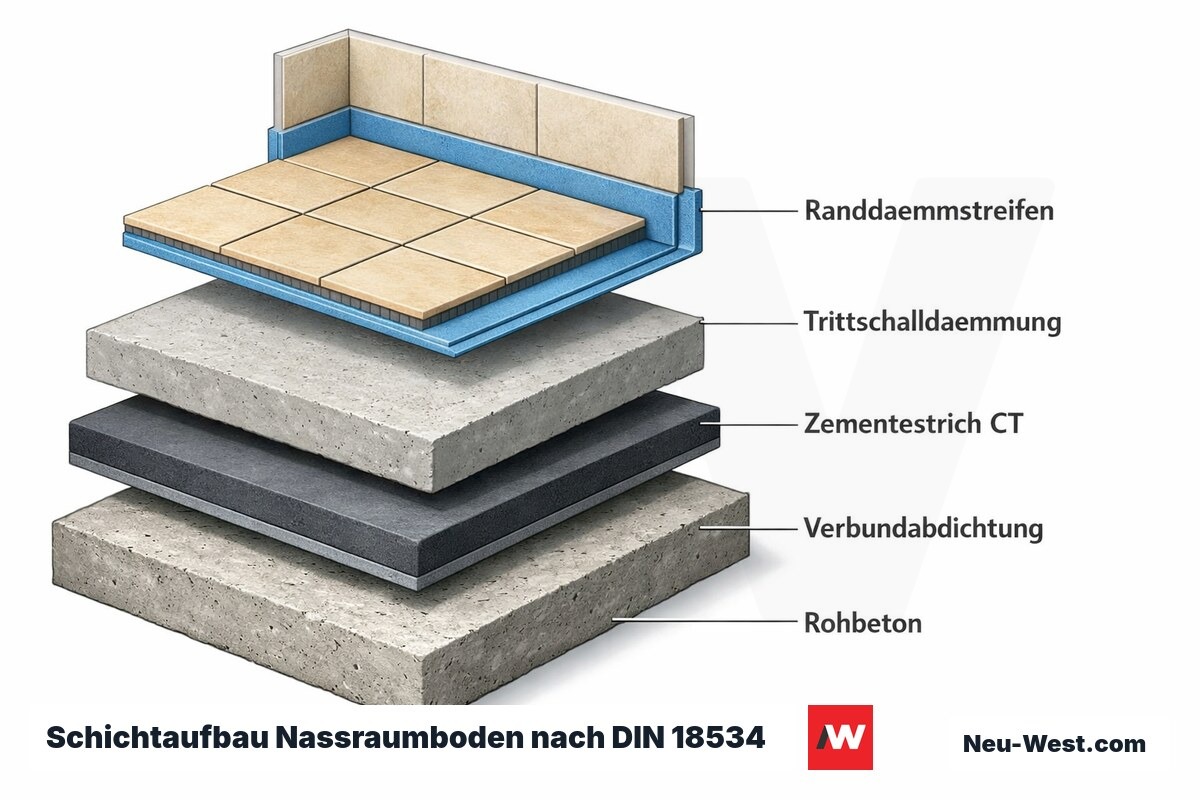 Schichtaufbau eines Nassraumbodens: Rohdecke, Trittschalldämmung, Zementestrich, hochgeführte Verbundabdichtung mit eingebundenem Randdämmstreifen und Fliesenbelag.