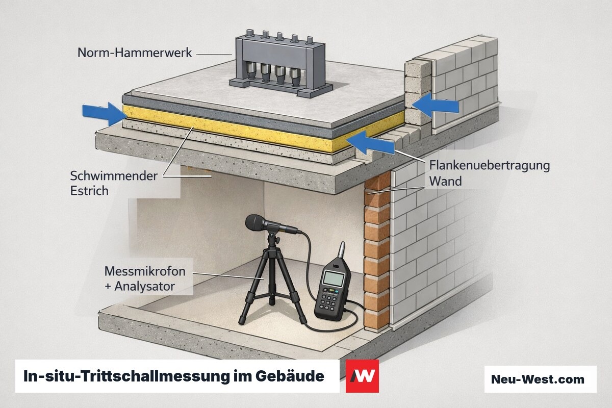 Gebäude-Querschnitt: Norm-Hammerwerk auf schwimmendem Estrich, Flankenübertragung über Wände und Messmikrofon mit Analysator im Raum darunter.