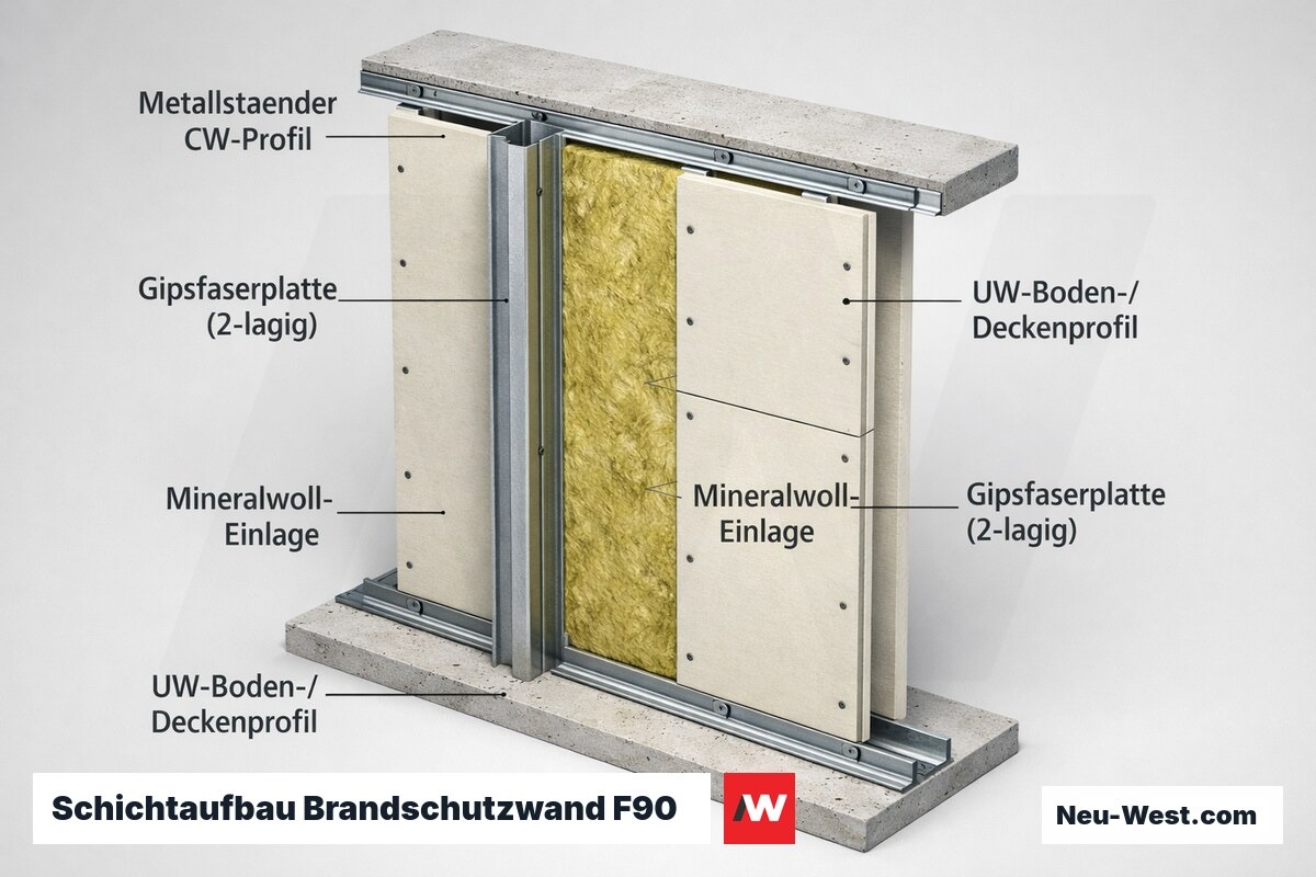 Querschnitt einer F90-Trockenbau-Brandschutzwand mit Metallständern, doppellagigen Gipsfaserplatten und Mineralwolle, isometrisch
