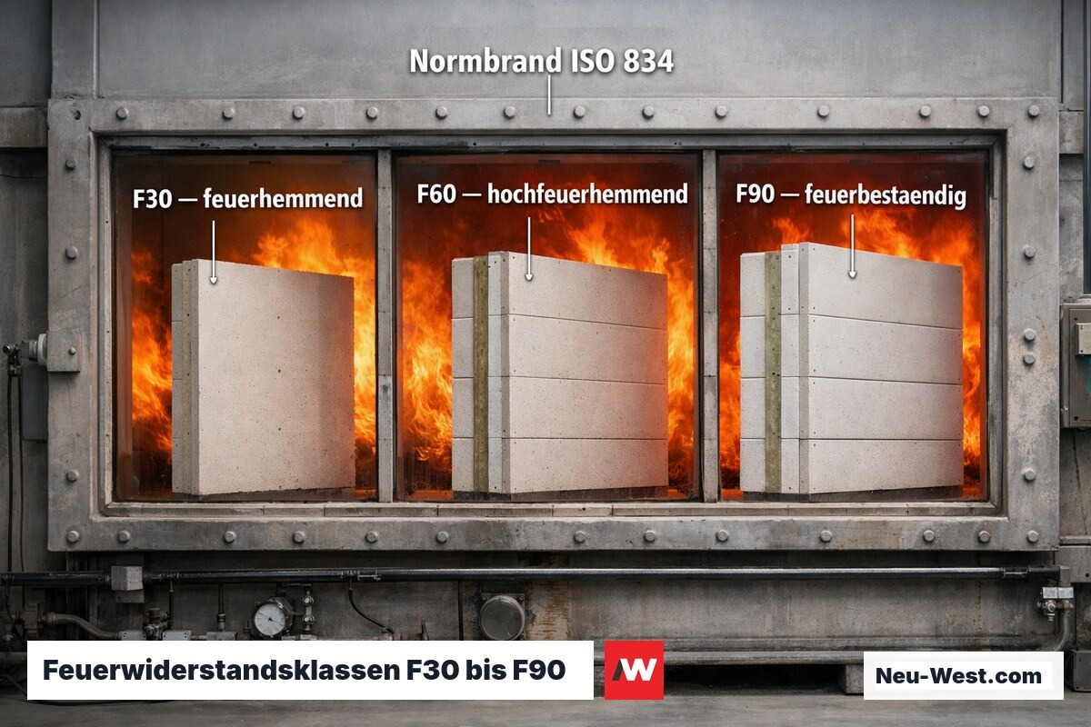 Drei Brandschutzwände der Klassen F30, F60 und F90 im Brandprüfofen-Vergleich mit sichtbarer Flammenbelastung