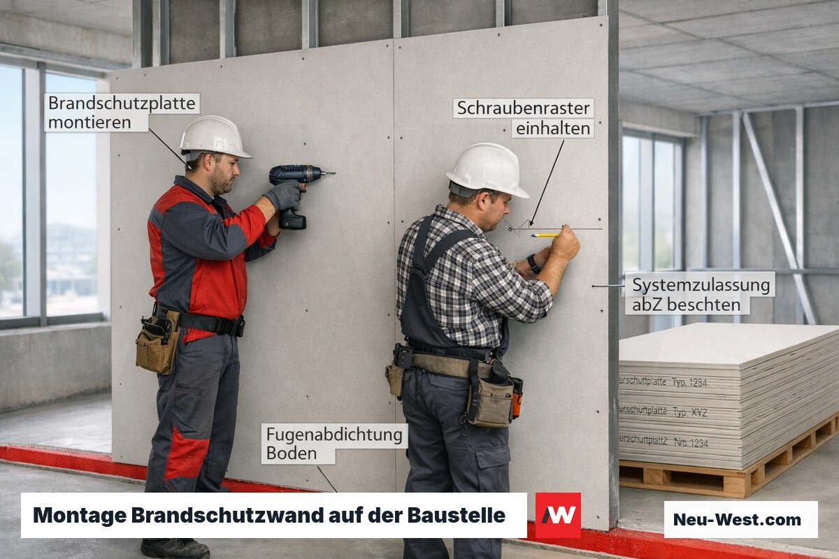 Zwei Handwerker montieren zertifizierte Gipsfaserplatten auf Metallständerprofilen im Rohbau, Brandschutzwand im Aufbau