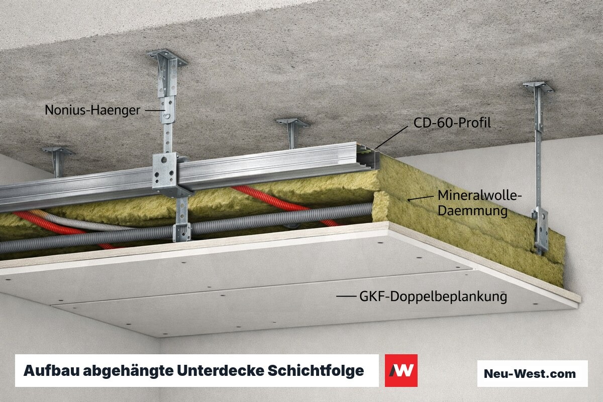 Querschnitt einer abgehängten Trockenbau-Decke mit Nonius-Hängern, CD-Profilen, Dämmung und Gipskarton-Doppelbeplankung