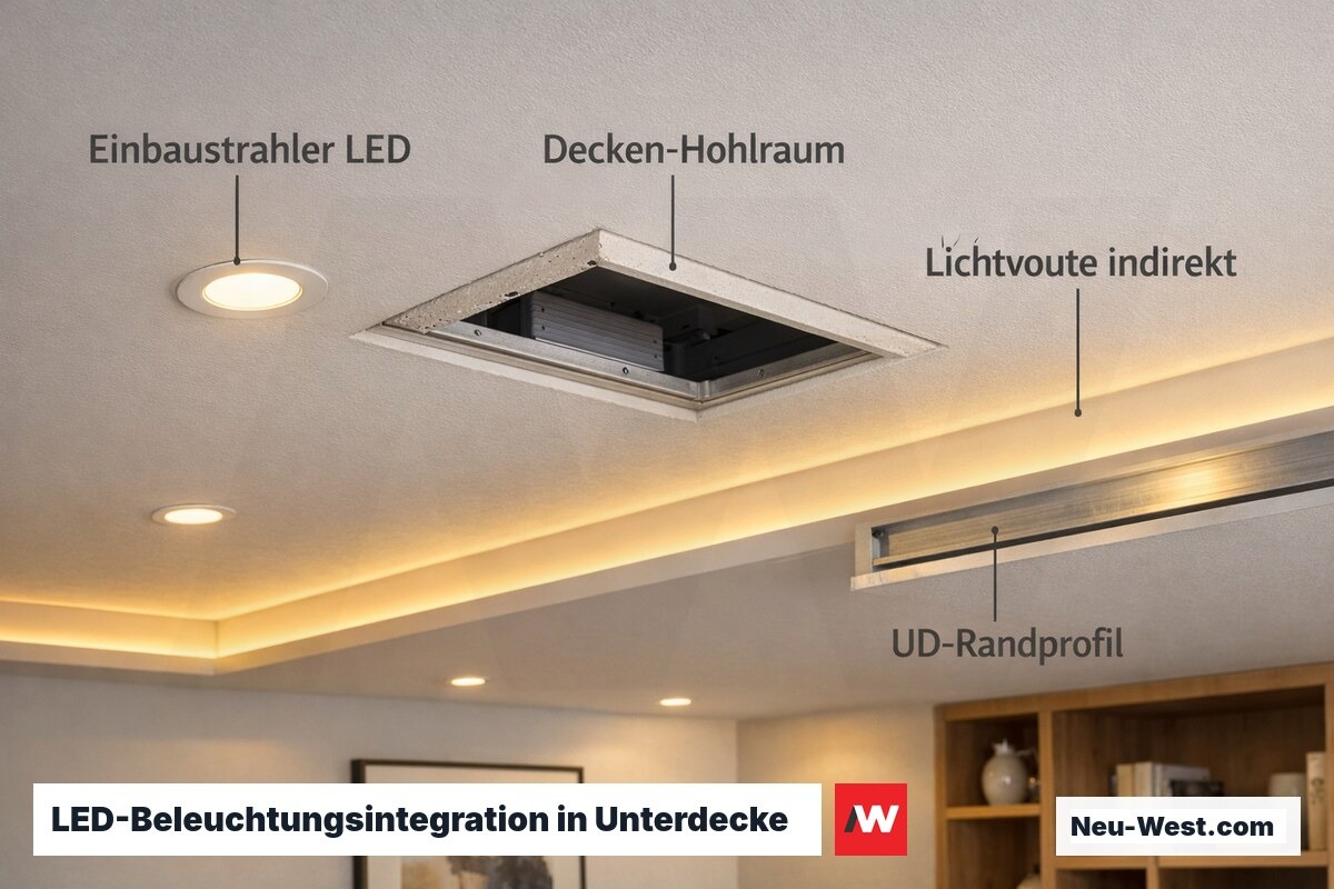 Abgehängte Gipskartondecke mit eingebauten LED-Strahlern und indirekter Lichtvoute in modernem Wohnraum