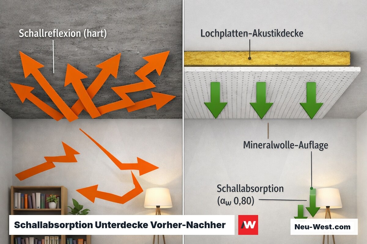 Vergleich Schallreflexion an Betonrohdecke versus Schallabsorption durch perforierte Akustik-Unterdecke mit Dämmauflage