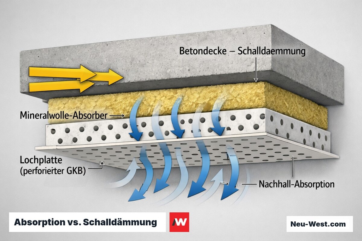 Querschnitt einer Lochplattendecke: Schall wird in der Mineralwolle absorbiert, während die schwere Betondecke die Schalldämmung zwischen Räumen übernimmt.