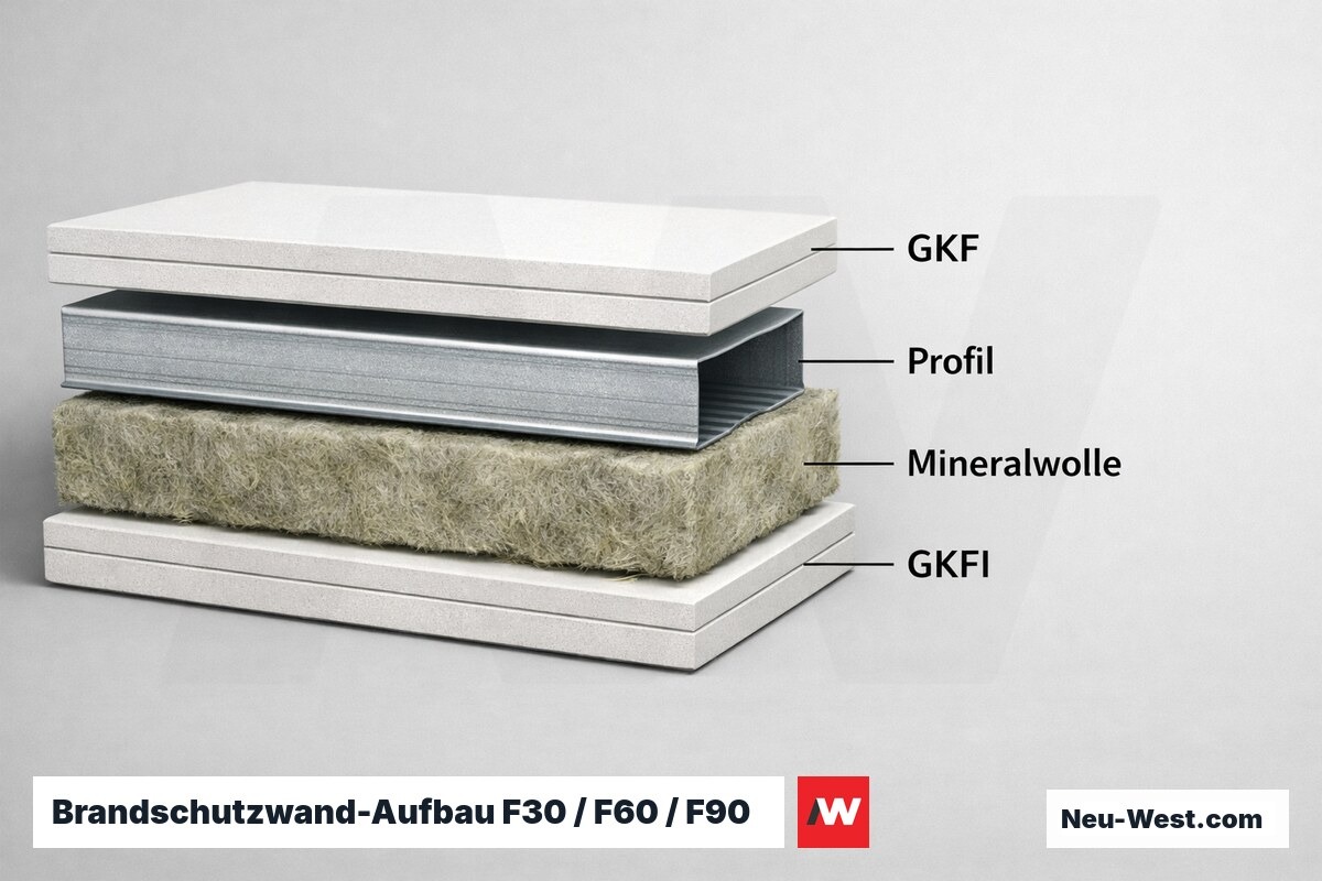 Brandschutzwand-Aufbau F30 / F60 / F90 — Plattentypen und Lagenanzahl – Erklär-Grafik (NEUWEST Berlin)