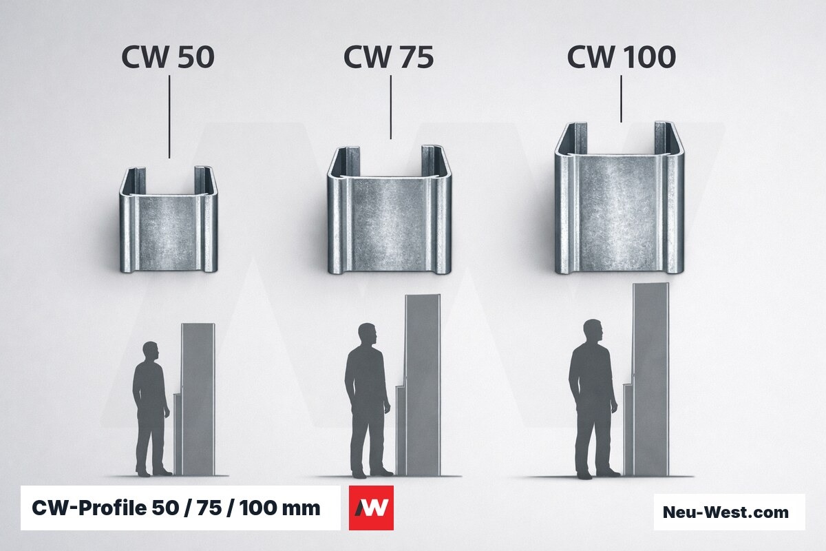 CW-Profile 50 / 75 / 100 mm — Profiltiefe und maximale Wandhöhe – Erklär-Grafik (NEUWEST Berlin)