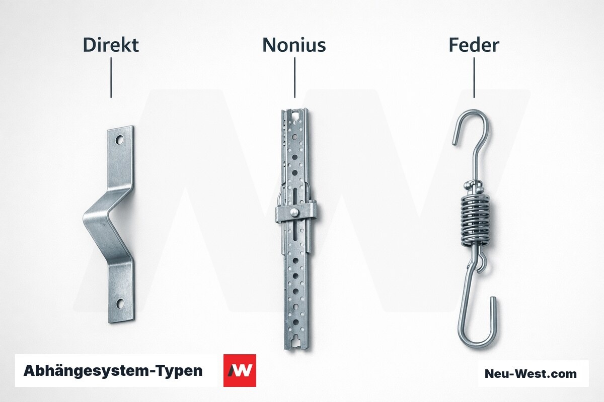 Abhängesystem-Typen: Direktabhänger, Nonius-Abhänger, Federabhänger – Erklär-Grafik (NEUWEST Berlin)