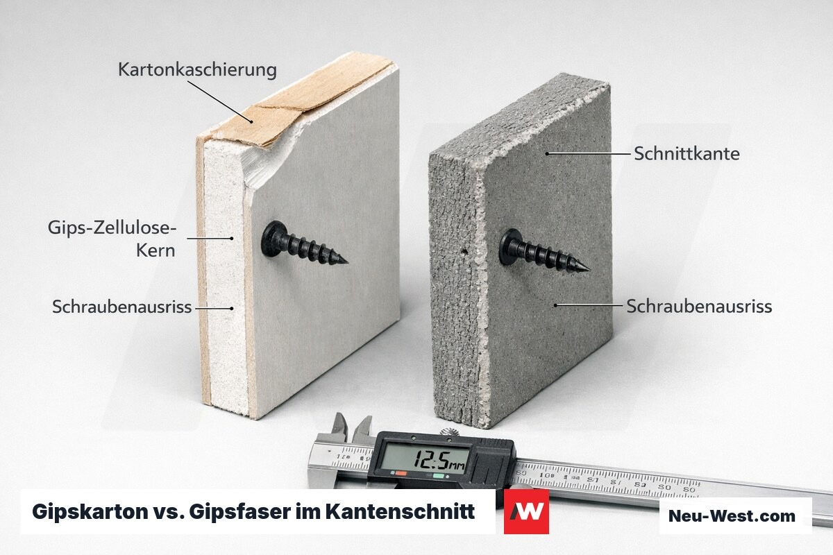 Detailvergleich zweier Plattenkanten: Gipskarton mit abgelöster Kartonlage und homogene Gipsfaserplatte, je mit Schraube zur Ausreißfestigkeit.