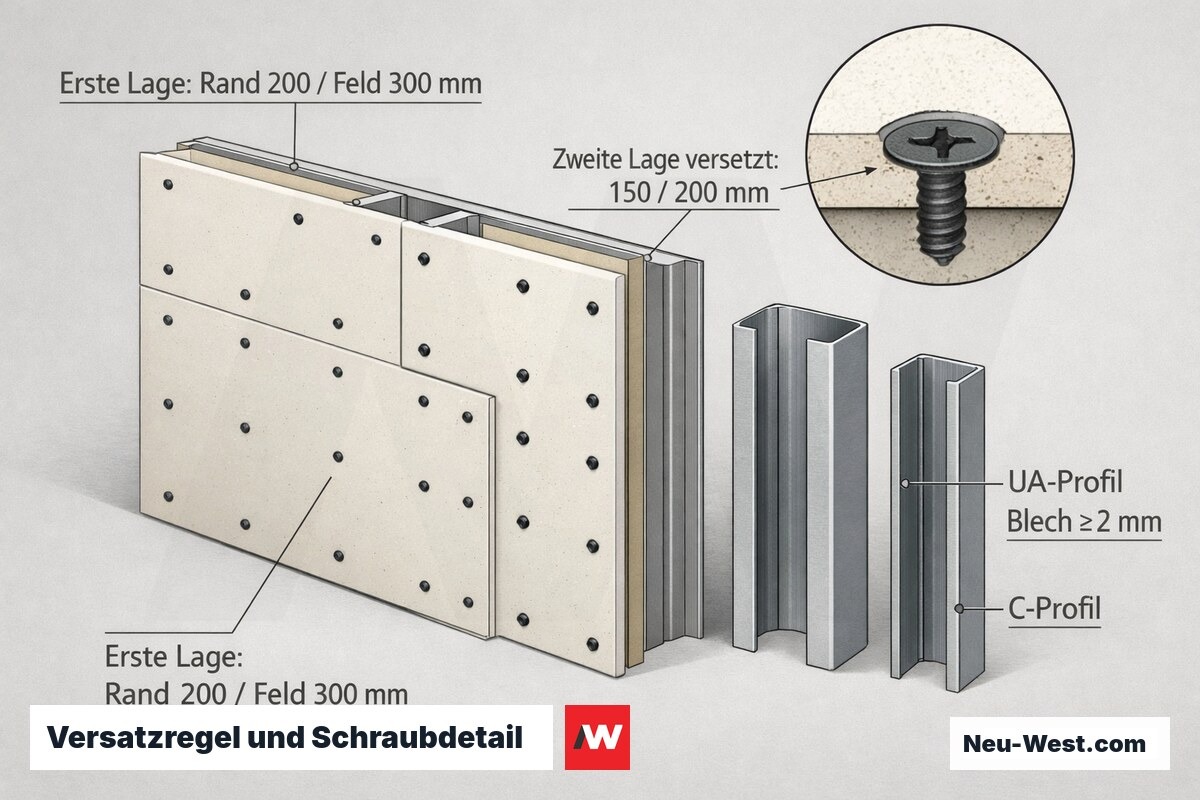 Detailgrafik zweilagige Beplankung: versetzte Schrauben, Randabstände, versenkter Schraubenkopf und verstärktes UA-Profil