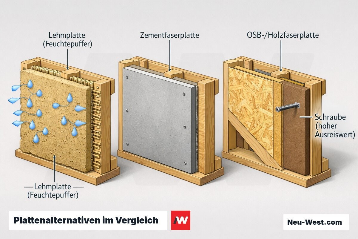 Cutaway-Vergleich von Lehm-, Zementfaser- und OSB-/Holzfaserplatte auf Holzständerwerk mit Feuchtepufferung und Schraubenbefestigung.