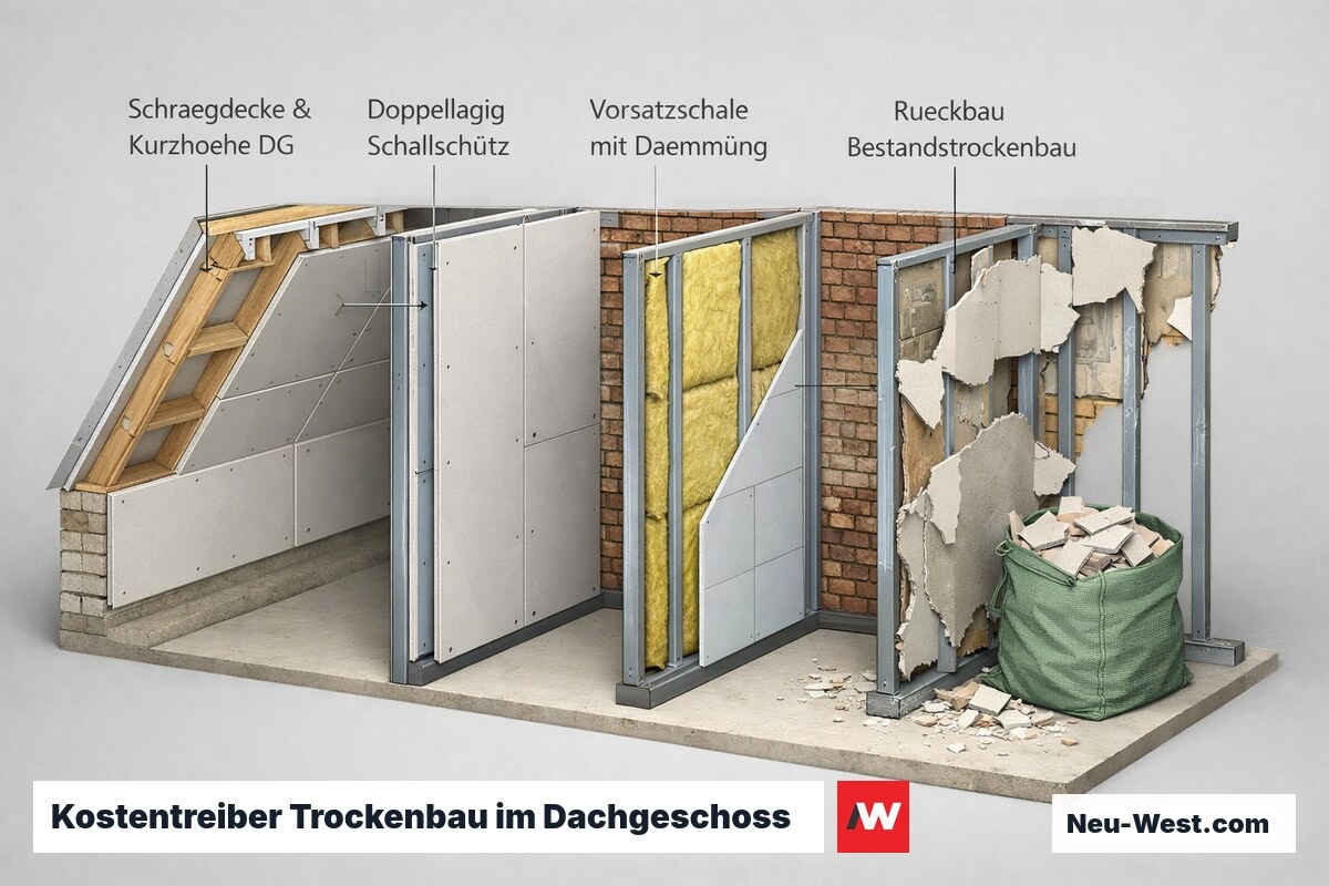 Querschnitt-Illustration mit vier Trockenbau-Kostentreibern: Schrägdecke, doppellagige Schallschutzwand, gedämmte Vorsatzschale und Rückbau von Bestandstrockenbau.