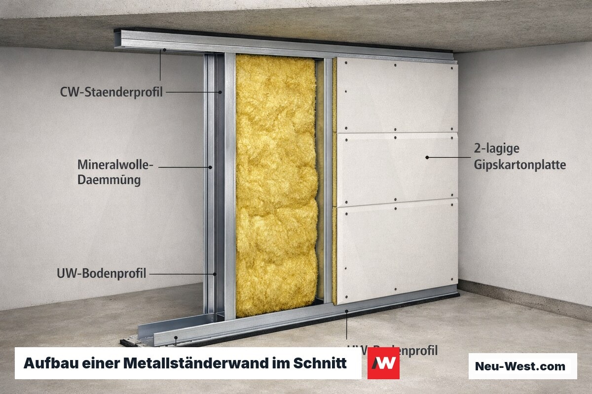 Querschnitt einer Trockenbau-Ständerwand mit UW-/CW-Profilen, Mineralwolle und zweilagiger Gipskartonbeplankung