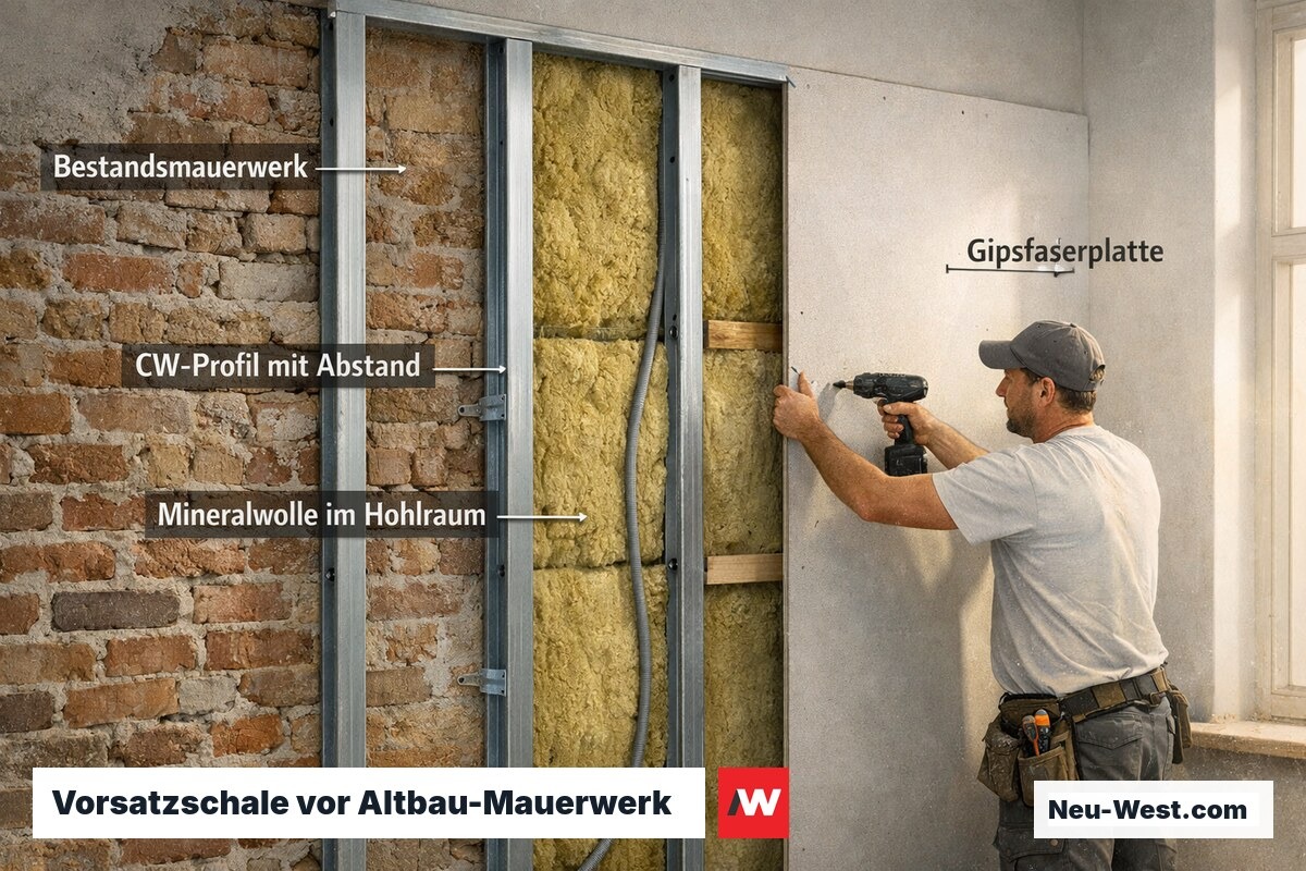 Vorsatzschale aus CW-Profilen mit Mineralwolle vor einer Berliner Altbau-Ziegelwand, teilweise beplankt