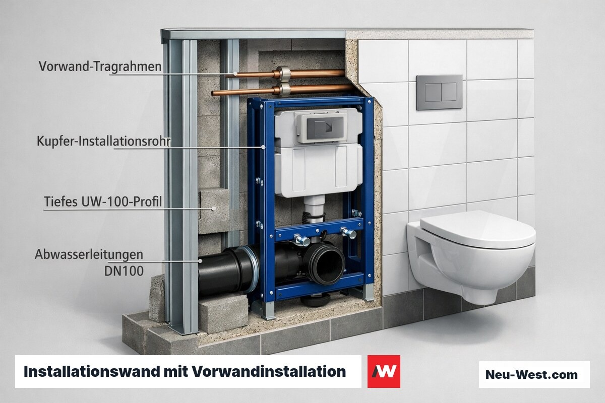 Querschnitt einer Trockenbau-Installationswand im Bad mit Wandträger, Abwasser- und Wasserrohren im Hohlraum