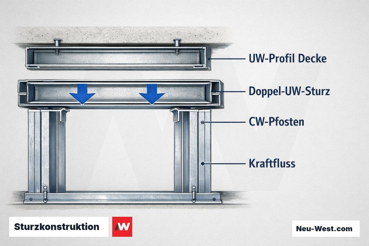 Sturzkonstruktion: Doppel-UW-Sturzträger im Detailschnitt – Erklär-Grafik (NEUWEST Berlin)