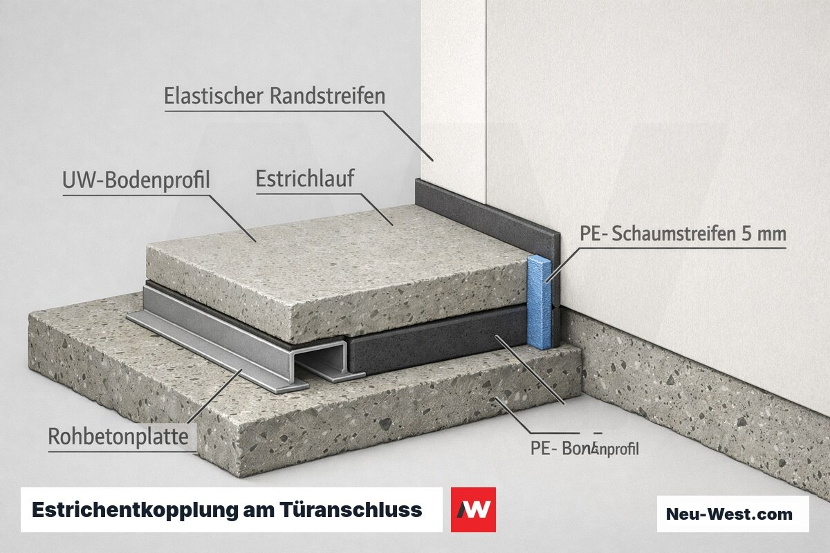 Detailschnitt der Estrichentkopplung an der Türöffnung: UW-Bodenprofil auf Rohbeton, seitlicher PE-Schaumstreifen, Estrich und elastischer Randstreifen.