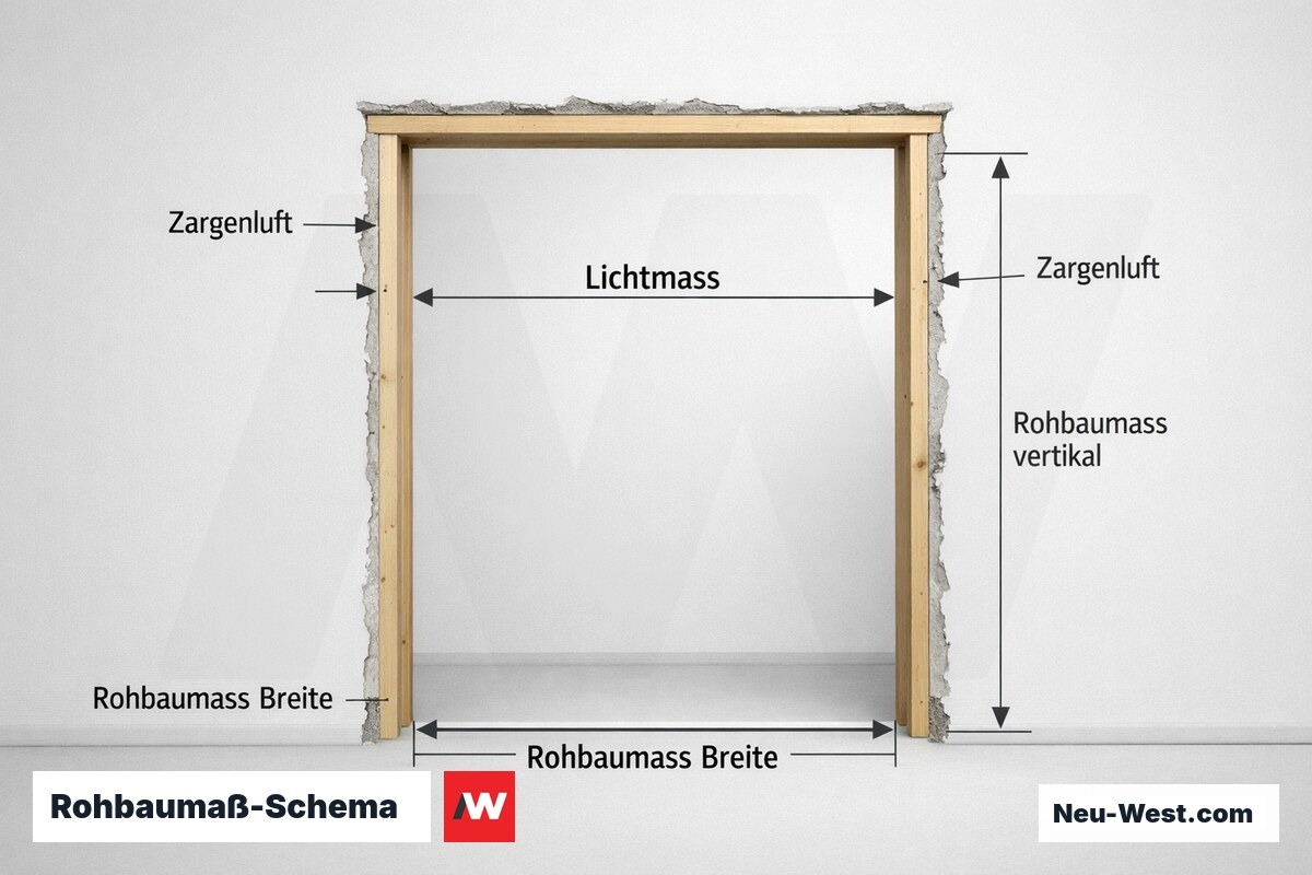 Rohbaumaß-Schema: Lichtmaß, Zargenluft und Toleranzpuffer – Erklär-Grafik (NEUWEST Berlin)