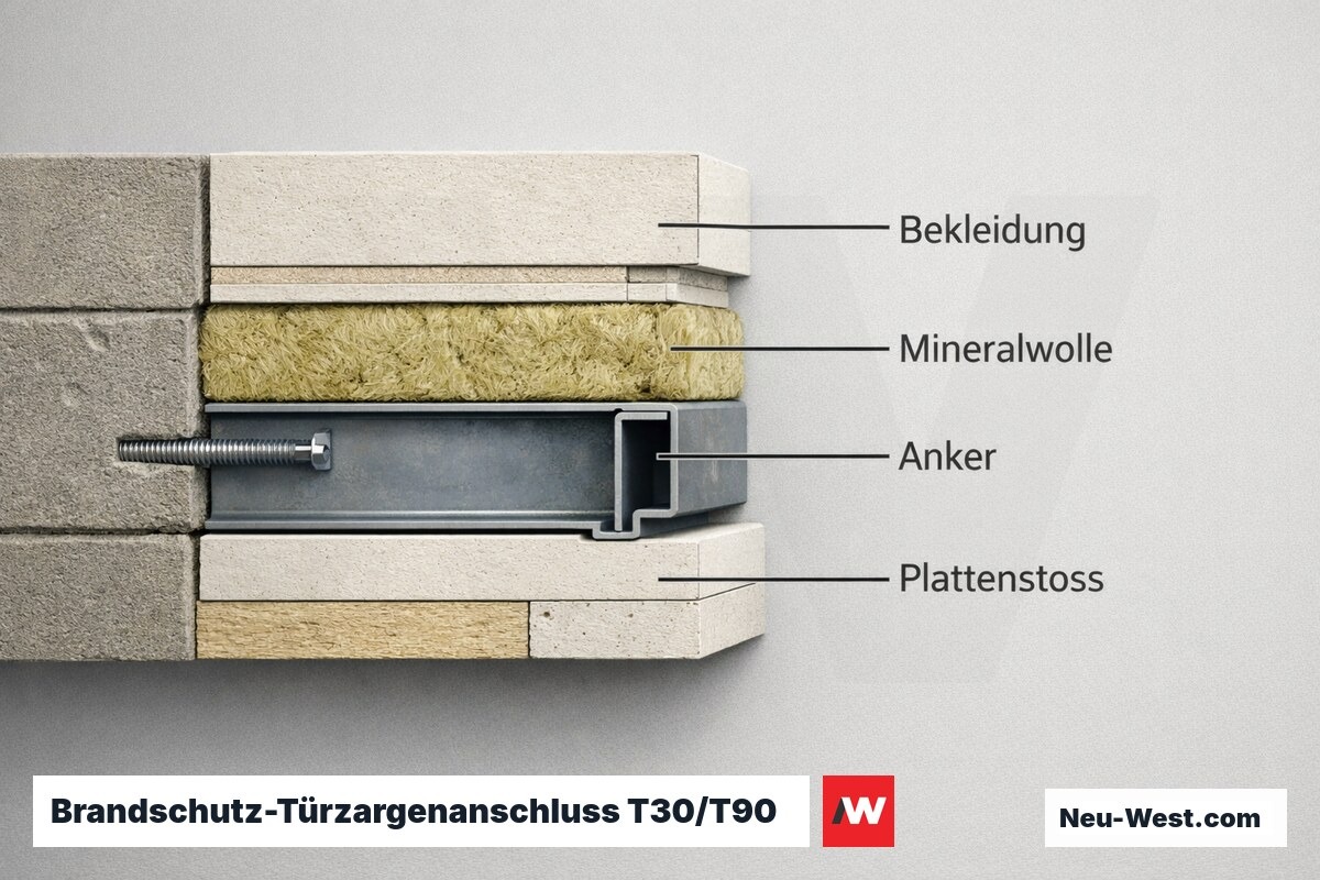 Brandschutz-Türzargenanschluss T30/T90: Mineralwolle, Bekleidungsüberlappung und versetzter Plattenstoß – Erklär-Grafik (NEUWEST Berlin)